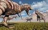 A pack of T-rex dinosaurs moving in for the kill on a lone Triceratops. Poster Print by Mark Stevenson/Stocktrek Images - Item # VARPSTMAS600145P