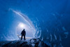 Composite: View From Inside An Ice Cave Of An Iceberg Frozen In Mendenhall Lake As An Ice Climber Stands At The Entrance, Juneau, Southeast Alaska, Winter Poster Print by John Hyde / Design Pics - Item # VARDPI2102917