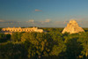 A panoramic view from left to right Nunnery Quadrangle and the Pyramid of the Magician, Mayan ruin of Uxmal at sunset in the Yucatan Peninsula, Mexico Poster Print by Panoramic Images - Item # VARPPI182143