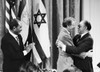 Camp David Summit, 1978. /Npresident Anwar Sadat Of Egypt Applauds As U.S. President Jimmy Carter Embraces Prime Minister Menachem Begin Of Israel During A Press Conference September 1978. Poster Print by Granger Collection - Item # VARGRC0129620