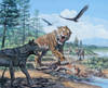 A pack of Canis dirus wolves approach a Smilodon and its prey Poster Print by Mark Hallett/Stocktrek Images - Item # VARPSTMRH600021P