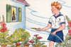 A boy uses a hose to water the garden and the beautiful flowers outside the house. Poster Print by Julia Letheld Hahn - Item # VARBLL0587274646