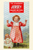 Victorian trade card for Standard Jersey Poultry Netting.   A girl and her doll are shown behind this farm fence designed for chickens. Poster Print - Item # VARBLL0587391154