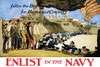 U.S. Navy recruitment poster showing civilian men in queue receiving their navy gear and boarding a battleship. Poster Print by George Hand Wright - Item # VARBLL058722083x