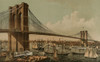 The East River Bridge built by Engineer George Roebling connects Manhattan with Brooklyn.  The river is shown overcrowded with sailing vessels and a paddle wheeling steamboat. Poster Print - Item # VARBLL058751899L