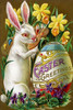 An Easter bunny rabbit paints an Easter Greetings egg within a flower garden. Poster Print by unknown - Item # VARBLL0587229497