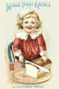 Victorian trade card for "Our Daily Bread" Made with the "Magic Yeast" brand.  A little girl slices a loaf of bread with a big smile. Poster Print by unknown - Item # VARBLL0587391650