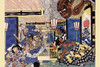 Ukiyo-e print illustration showing an interior view of room with Minamoto Yorimitsu and another man at a Go gameboard as a demon crashes through the roof.  Raik_ shitenn_ to tsuchigumo Poster Print by Utagawa Kuninaga - Item # VARBLL0587323108