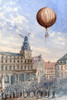 Balloon with two passengers ascending over a town square, with French flags flying from tower and many spectators below Poster Print by unknown - Item # VARBLL0587234156