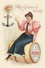 Victorian trade card for Primadonna flour. "The Queen of Flours."  A woman sits on a flour barrel and points to a loaf of bread, so light that it appears to lift an anchor into the air. Poster Print by unknown - Item # VARBLL0587391596