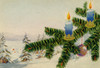 Winter scene with a pine tree's branches holding blue candles. Poster Print - Item # VARBLL058759574L
