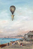 Balloon with parachute and propellers, associated with Francesco Orlandi, flying over a town harbor and spectators, possibly during an ascent in Italy between 1820 and 1850 Poster Print by unknown - Item # VARBLL0587234164