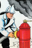 A fireman hooks up the fire hose to an open hydrant as the fire rages on. Poster Print by Julia Letheld Hahn - Item # VARBLL0587274808
