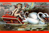 A Victorian trade card for a "medicine" featuring a cherub riding a boat made from the soap packaging and being pulled by two swans.  The medicine claims to cure all eruptions of the skin. Poster Print by Unknown - Item # VARBLL0587255153