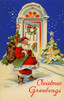 1940's postcard for the Holiday season.  Santa is shown standing in snow with a sack of gifts in front an ornate door without a home. Poster Print by Curt Teich & Company - Item # VARBLL0587382333