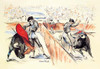 Spanish art by Carlos Ruano Llopis showing two matadors practicing their bullfighting skills. Poster Print by Carlos Ruano Llopis - Item # VARBLL0587012536