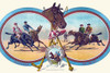 Four jockeys on horseback, in two cities, racing. Head of horse above, between two whips. Two jockeys on horseback jumping through horseshoe below. Poster Print by Krebs Litho - Item # VARBLL0587234881