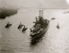 battleship USS Wyoming, commissioned in Philadelphia and outfitted at the Brooklyn Navy Yard in 1912, about to sail under the Brooklyn Bridge in New York City. Poster Print - Item # VARBLL058751770L