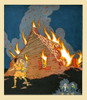 Viking flee from a house on fire.  Two gnomes watch as the flames and smoke fills the air. Poster Print by Maud & Miska Petersham - Item # VARBLL0587410531