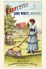 Victorian trade card for the Excelsior Side Wheel Mower.  To show how easy it is, a woman does the chore as a man sits and reads the paper on a bench nearby. Poster Print by unknown - Item # VARBLL0587391413