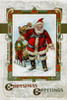 Santa Claus exits his sleigh, overflowing with toys, and carries a Christmas wreath of holly and presents.  This images is from a Victorian era postcard. Poster Print by unknown - Item # VARBLL0587229659