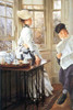 A hirsute man sits in a chair reading a newspaper to a bonneted young lady. On the table is porcelain set for tea with a full service. The stand and sit next to a large window Poster Print by James Tissot - Item # VARBLL0587255773