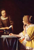 A maid deliverers a letter to her mistress who is sitting at a writing desk with a pen or pencil in her hand over a writing pad Poster Print by Johannes  Vermeer - Item # VARBLL0587263385