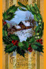A vintage postcard bearing Christmas Greetings.  The focus is a home in a winter scene covered in snow and a wreath of holly and berries surround the picture. Poster Print by unknown - Item # VARBLL0587229454