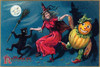 A holiday postcard for Halloween with a witch, a black cat, and a weird plant thing,  The extra character is made of seasonal plants with corn, radish, gourd, and pumpkin. Poster Print - Item # VARBLL0587275855