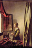 A girl reads a letter at the window with the wind furling the drapes Poster Print by Johannes  Vermeer - Item # VARBLL0587263342