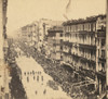 bird's-eye view of men on horseback and a horse-drawn carriage proceeding down Broadway, away from the viewer, in Lincoln's funeral procession. Poster Print - Item # VARBLL058745689L