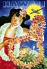 Airline travel poster to encourage vacations on the exotic Hawaiian islands.  Hawaiian woman holding a lei in a welcoming manner as an airplane flies past the sun.  Art by Joseph Feher, 1908-1987 Poster Print by Joseph Feher - Item # VARBLL0587383062