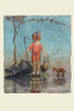 A little girl and a puppy stand drenched in a rain fall.  The umbrella that was to protect them is in tatters on the ground beside them as the rain continues. Poster Print by J.R. Shaver - Item # VARBLL0587231696