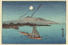 moonlight night with small boats heading toward village and a flock of geese flying overhead. Poster Print by Ando Hiroshige - Item # VARBLL0587244291