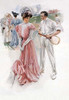 Early color illustration of a man dressed for a tennis match speaks to a lady on a warm spring day.  Other ladies chat courtside as well. Poster Print by unknown - Item # VARBLL0587008431