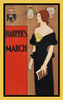 A woman stands holding a magazine with three masks behind her. Poster Print by  Edward Penfield - Item # VARBLL0587415428