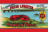 A can label for lobster packed in Canada by Hanson Brothers.  The label features a bright red lobster on the shore near a long bridge spanning the water. Poster Print by unknown - Item # VARBLL0587274387