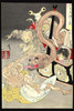 Ukiyo-e print illustration showing an elderly woman troubled by demons emerging from a huge basket to torment her after she injured a sparrow.  Omoi tsuzura Poster Print by Taiso Yoshitoshi - Item # VARBLL0587323140