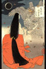 Ukiyo-e print illustration showing a demon like wizard with wings and talons holding a piece of paper with writing on it before a woman with very long hair. Poster Print by Taiso Yoshitoshi - Item # VARBLL0587323183