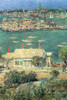 Boathouse in Foreground overlooks the Port with resting sail boats and island with town in distance Poster Print by Frederick Childe Hassam - Item # VARBLL0587252472