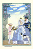 A page pours a bottle of scented water from a pitcher for a young girl and her suitor in an Elizabethan Garden Poster Print by George  Barbier - Item # VARBLL0587288345