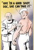 A vintage linen postcard of a sailor getting a medical shot right in the arm where a topless woman tattoo resides.  The text reads, "Give 'er a Good Shot, Doc, She Can Take It." Poster Print by MWM - Item # VARBLL0587336625