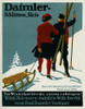 A couple hold their skis and pull a sled as they clime a hill to go skiing.  Wolf Wood products Industry Poster Print by unknown - Item # VARBLL0587412623