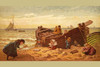 Children make piles of sand at the beach beisde a fisherman's rowboat Poster Print by Kronheim & Dalziels - Item # VARBLL0587316349