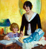 A little girl smiles and points to the clothing she just received as her birthday gift, removed from the box by mother.  Art by William Andrew Loomis Poster Print by Andrew Loomis - Item # VARBLL0587429879