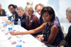 Michelle Obama Attends A Meeting With Communities In Schools Board Members At The Ferebee-Hope Elementary School In Washington D.C. May 13 2009. Michelle Wears A Dark Blue And White Dotted Dress By Lanvin. History - Item # VAREVCHISL026EC033