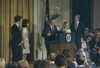 Richard Nixon Delivering His Farewell Speech To His Cabinet And White House Staff. L To R. David Eisenhower Julie Nixon Eisenhower Richard Nixon Pat Nixon Tricia Nixon Cox Edward Cox. Aug. 9 1974. History - Item # VAREVCHISL032EC258