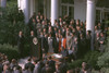 Lbj'S Great Society Programs. President Lyndon Johnson Signing The Arts And Humanities Bill In The White House Rose Garden. It Created The National Endowment For The Humanities And The National Endowment For The Arts. - Item # VAREVCHISL033EC168
