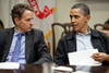 President Barack Obama Talks With Treasury Secretary Timothy Geithner. They Were In A Weekend Fiscal Policy Meeting In The Roosevelt Room Of The White House History - Item # VAREVCHISL040EC272