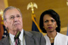 Secretary Of Defense Donald H. Rumsfeld Speaks To Reporters As Secretary Of State Condoleezza Rice Listens. Baghdad Iraq April 27 2006. History - Item # VAREVCHISL023EC223